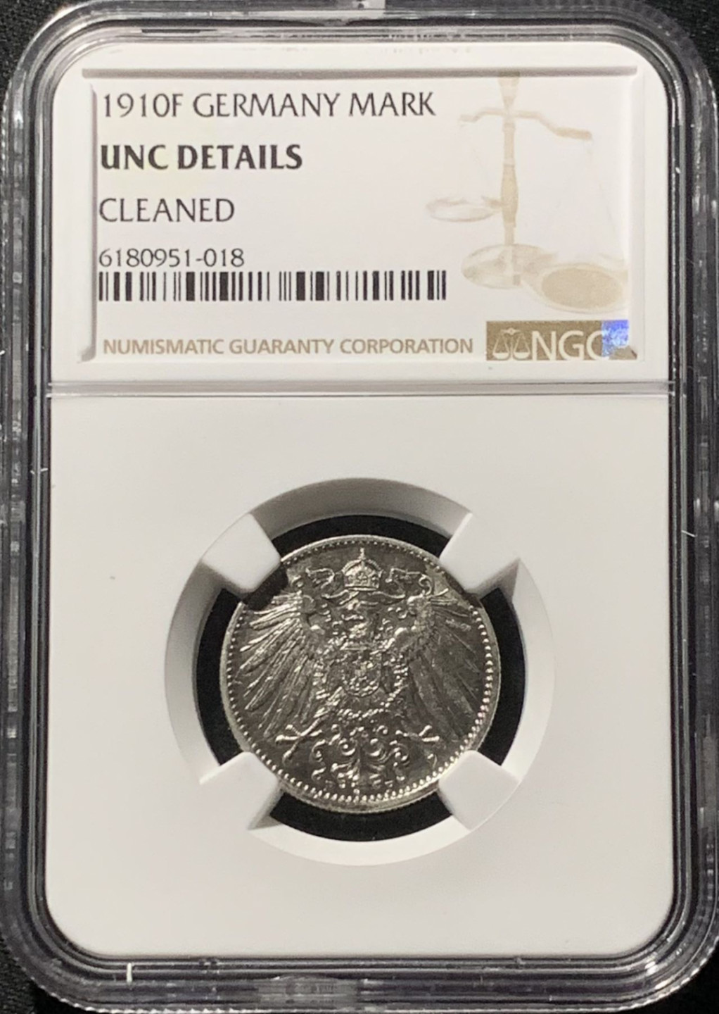紫瑗钱币——第159期拍卖 德国 1910年 F版 第二帝国 长翅 1马克 银币 NGC UNC Detail