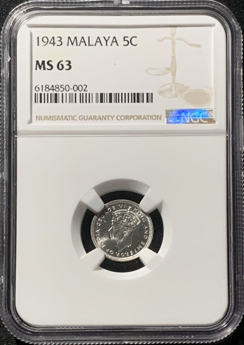 紫瑗钱币——第159期拍卖 马来亚 1943年 乔治六世 5分 银币 NGC MS63