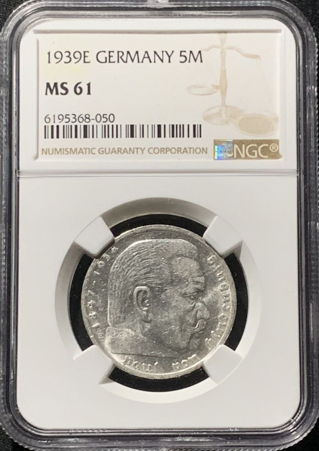 紫瑗钱币——第159期拍卖 德国 1939年 E版 兴登堡 字符版 5马克 银币 NGC MS61
