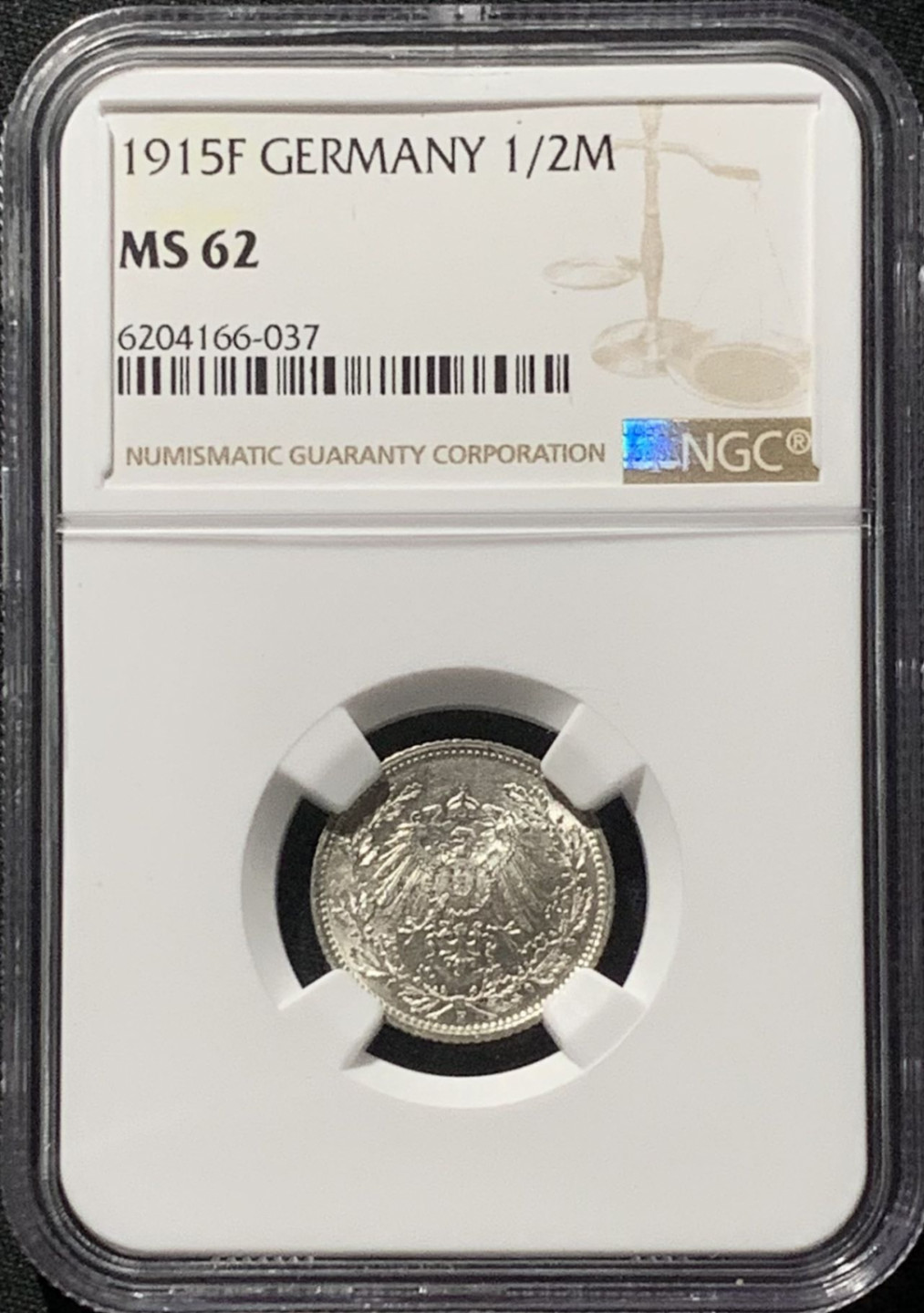 紫瑗钱币——第159期拍卖 德国 1915年 F版 第二帝国 1/2马克 银币 NGC MS62