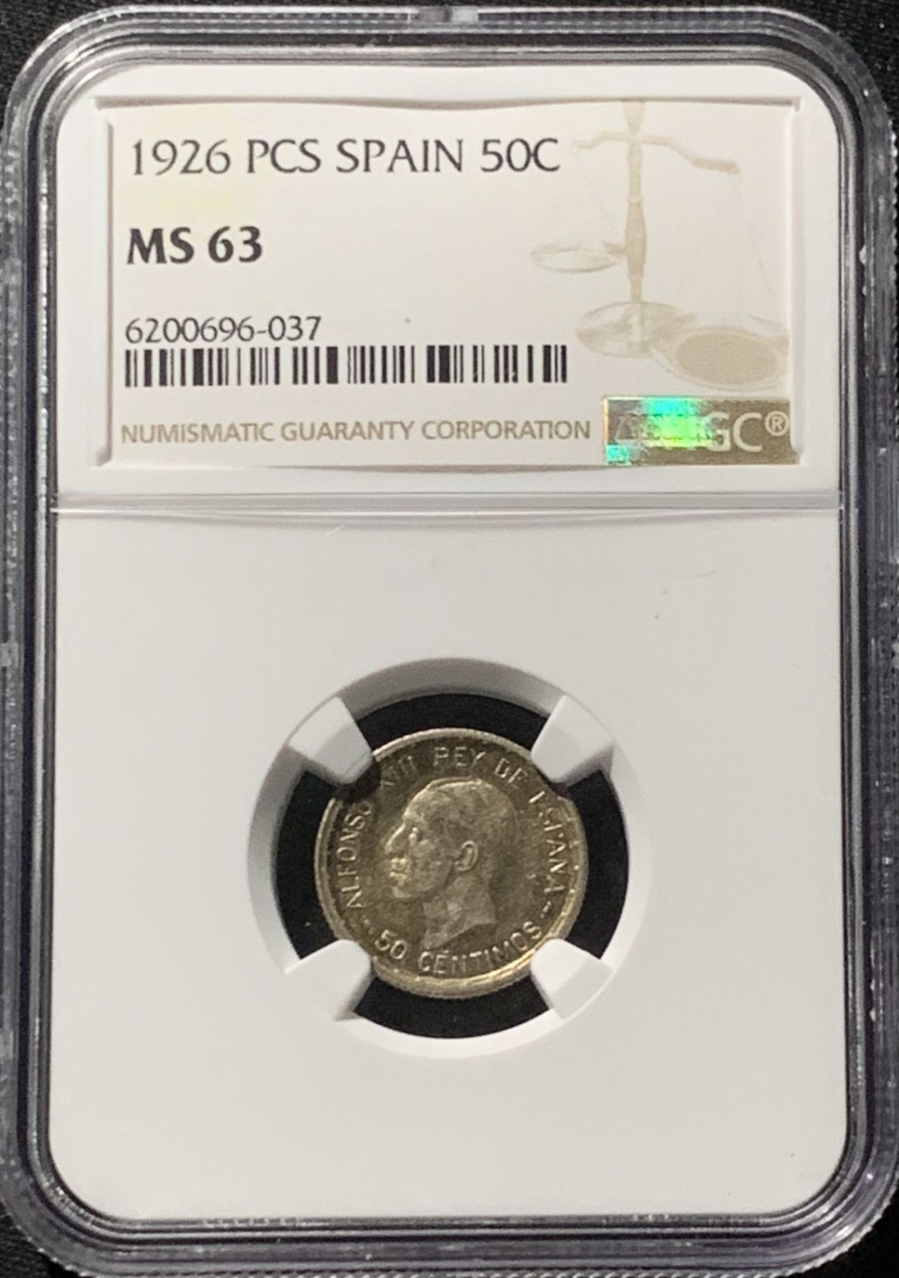 紫瑗钱币——第159期拍卖 西班牙 1926年 阿方索十三世 50分 银币 NGC MS63 环彩包浆