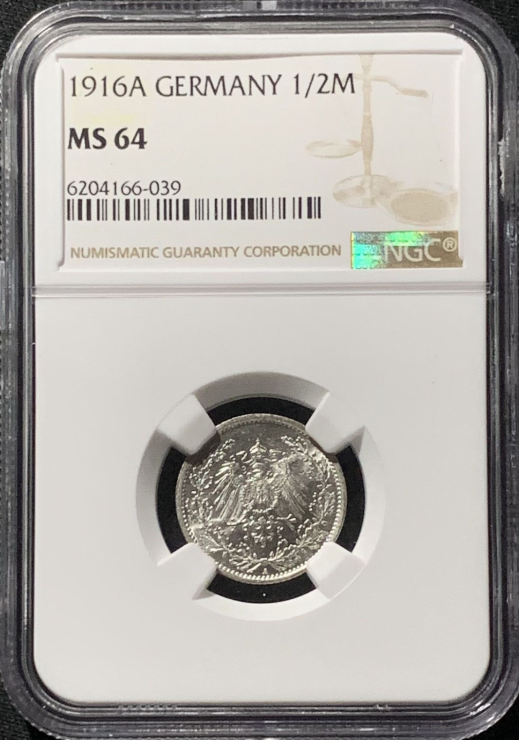 紫瑗钱币——第159期拍卖 德国 1916年 A版 第二帝国 1/2马克 银币 NGC MS64