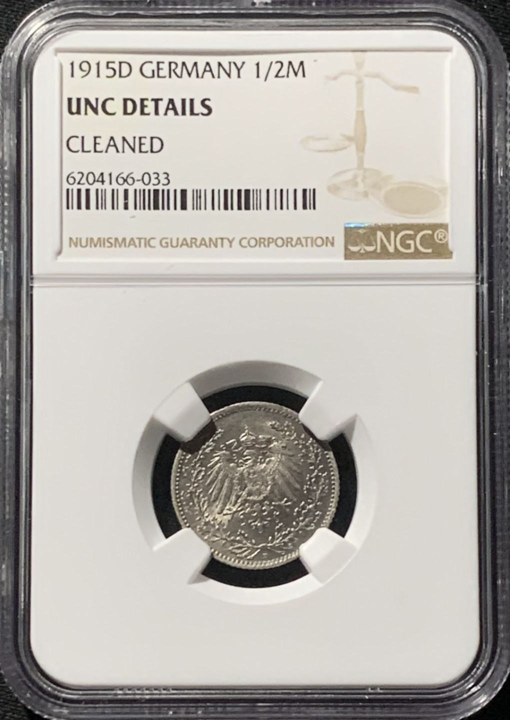 紫瑗钱币——第159期拍卖 德国 1915年 D版 第二帝国 1/2马克 银币 NGC UNC Detail
