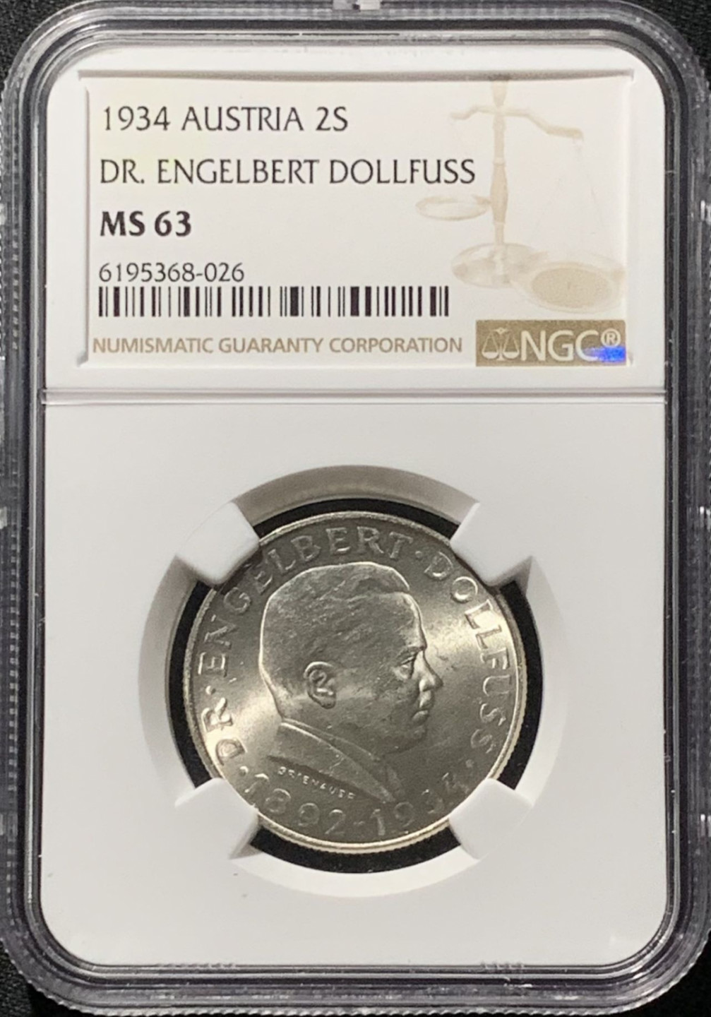 紫瑗钱币——第159期拍卖 奥地利 1934年 恩格尔伯特·多尔夫斯 2先令 银币 NGC MS63