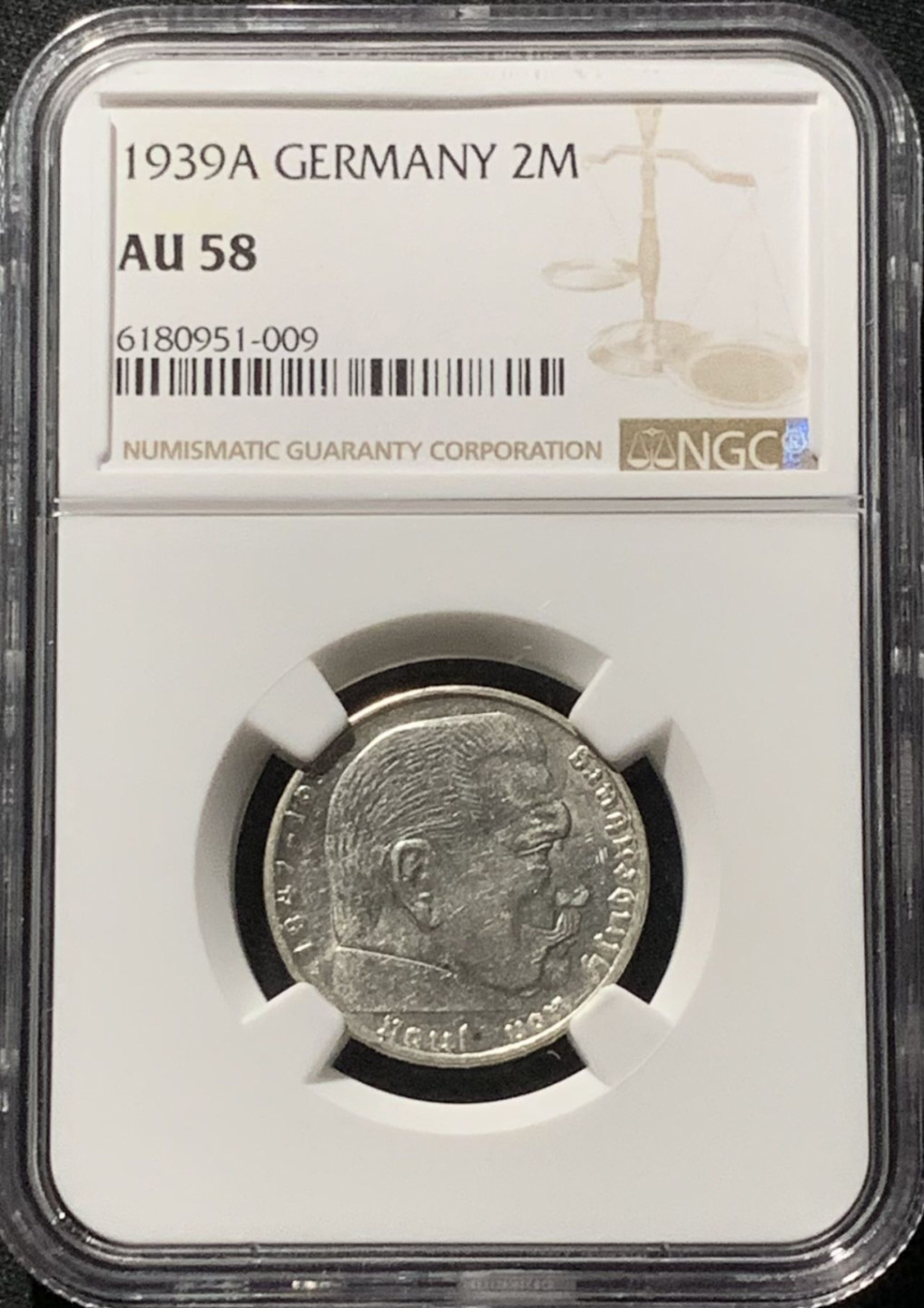 紫瑗钱币——第159期拍卖 德国 1939年 A版 兴登堡 字符版 2马克 银币 NGC AU58
