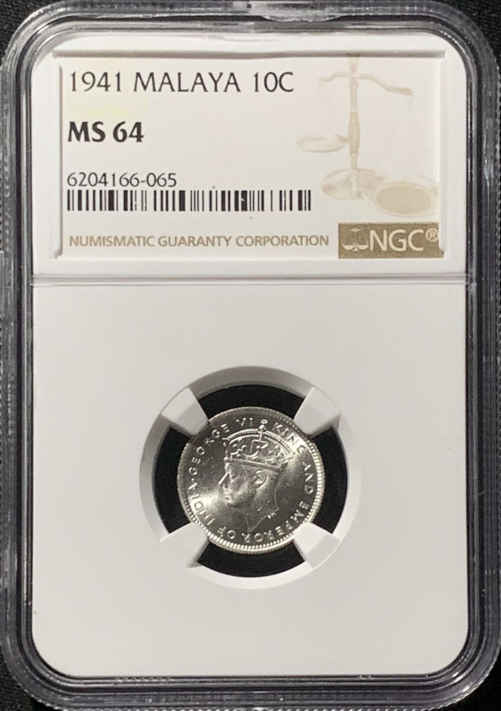 紫瑗钱币——第159期拍卖 马来亚 1941年 乔治六世 10分 银币 NGC MS64