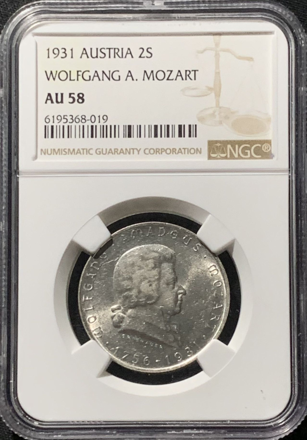 紫瑗钱币——第159期拍卖 奥地利 1931年 莫扎特 2先令 银币 NGC AU58