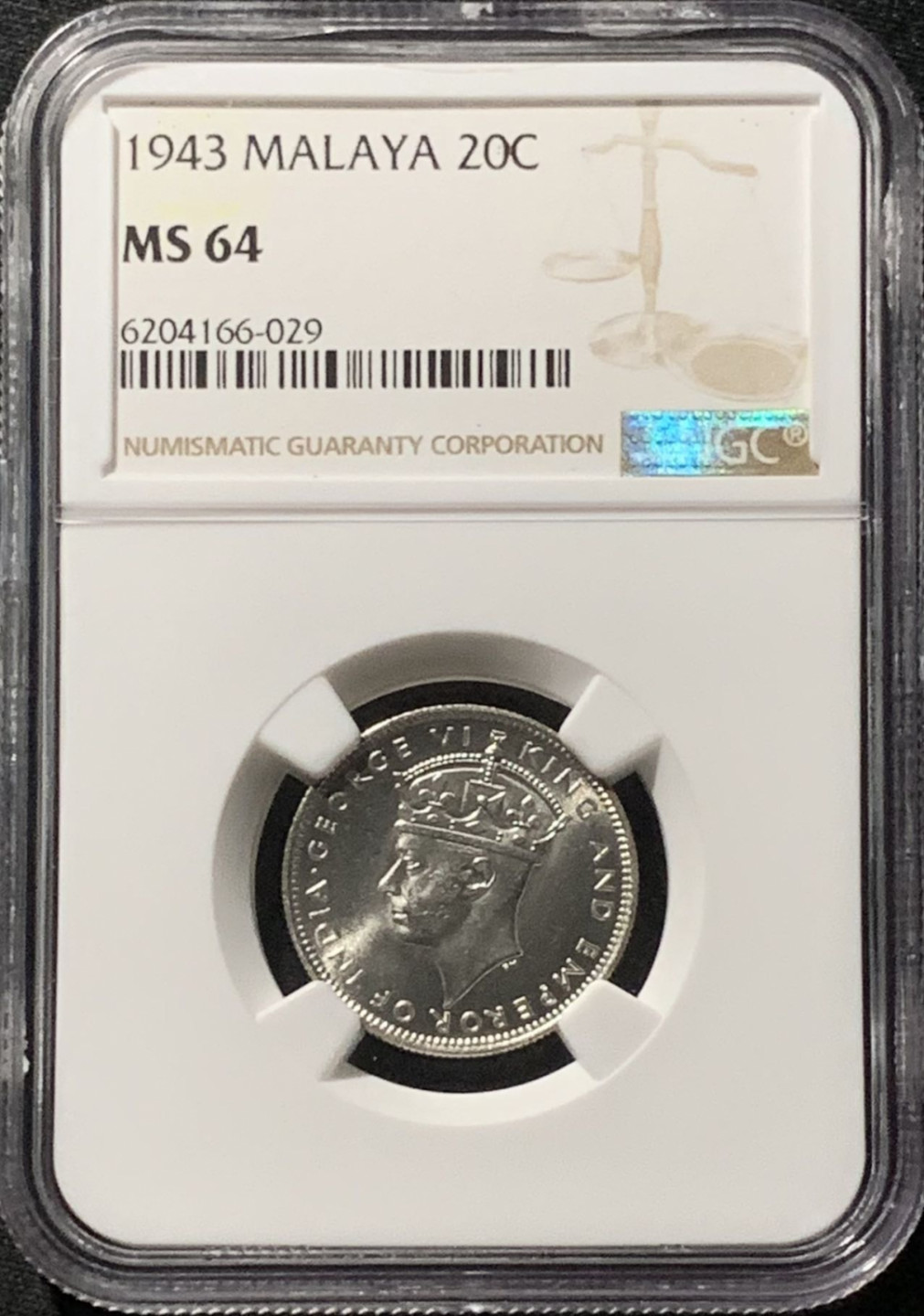紫瑗钱币——第159期拍卖 马来亚 1943年 乔治六世 20分 银币 NGC MS64