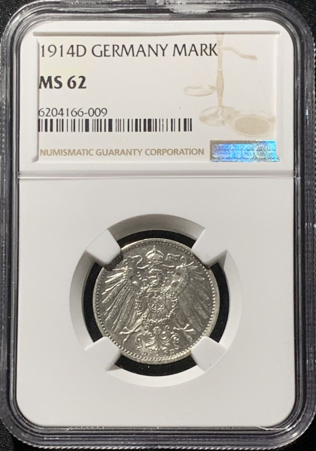 紫瑗钱币——第159期拍卖 德国 1914年 D版 第二帝国 长翅 1马克 银币 NGC MS62