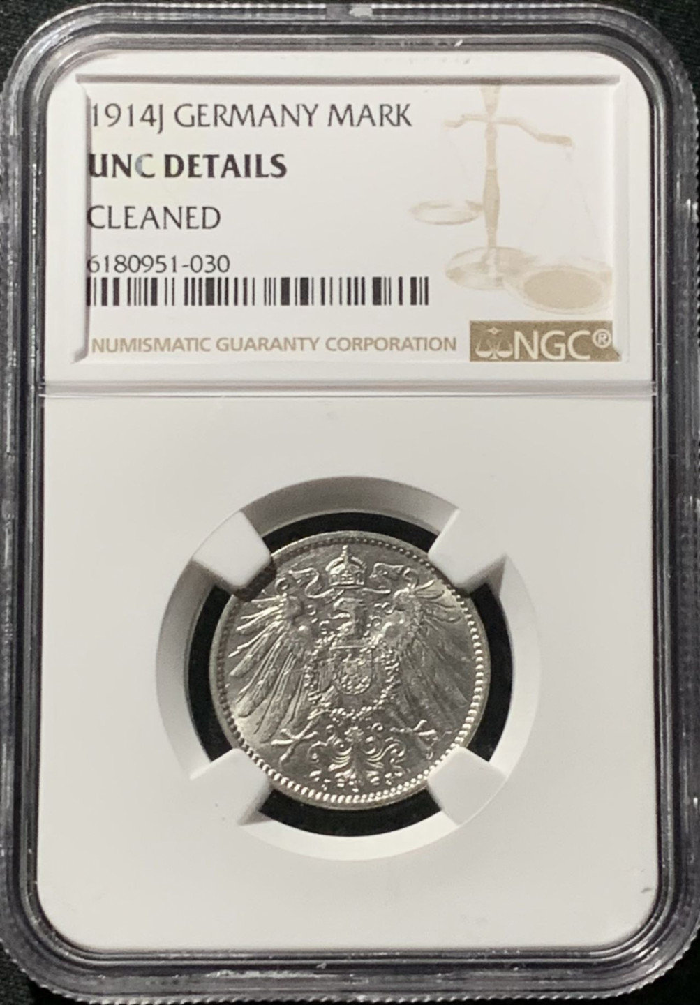 紫瑗钱币——第159期拍卖 德国 1914年 J版 第二帝国 长翅 1马克 银币 NGC UNC Detail