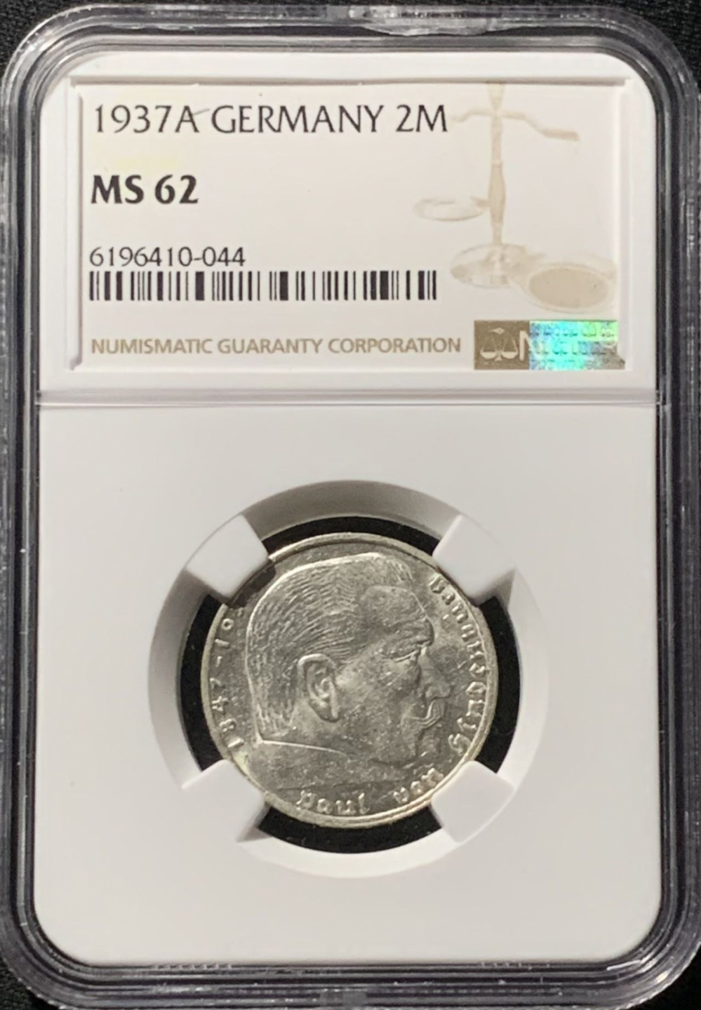 紫瑗钱币——第159期拍卖 德国 1937年 A版 兴登堡 字符版 2马克 银币 NGC MS62
