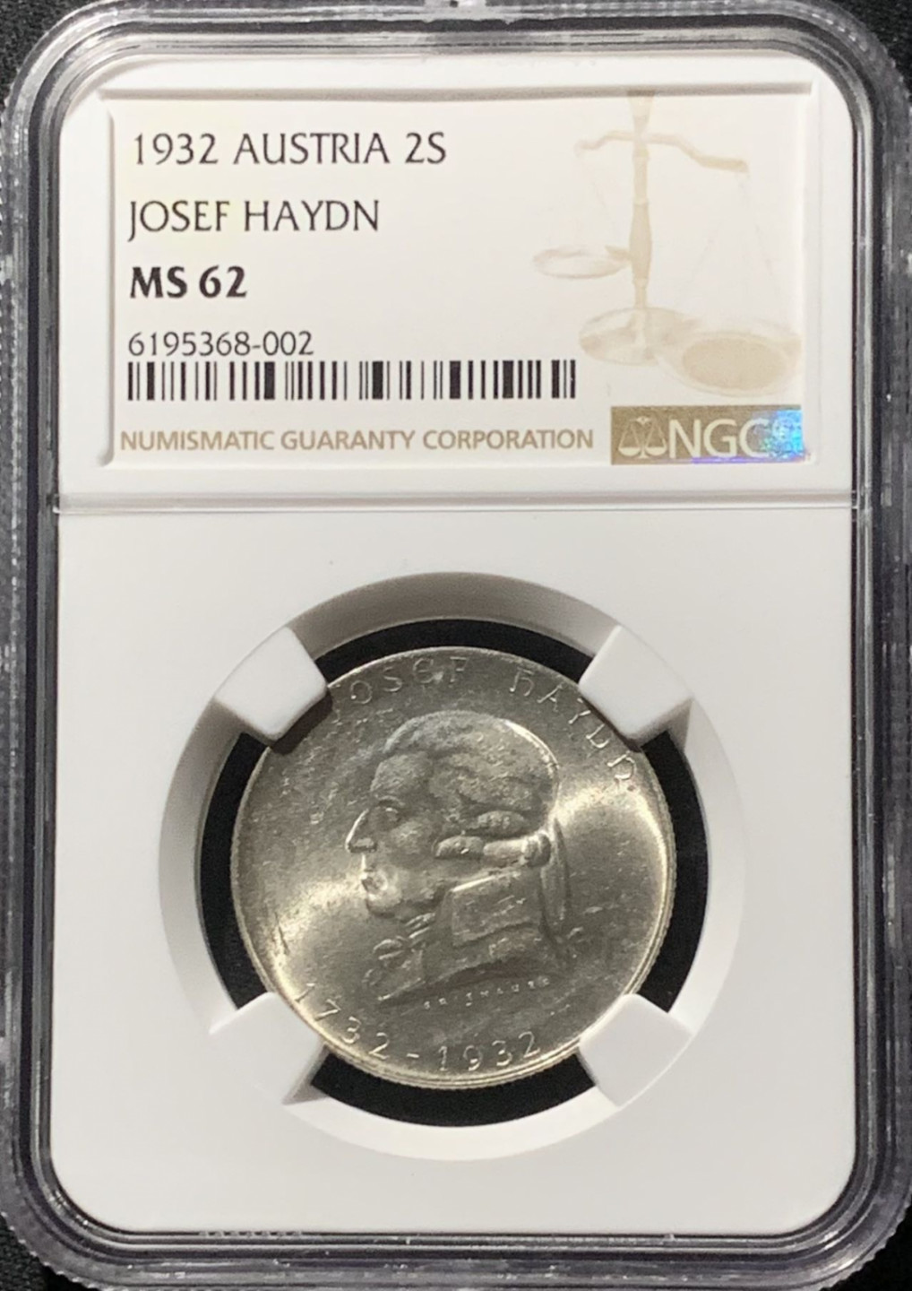 紫瑗钱币——第159期拍卖 奥地利 1932年 约瑟夫·海顿 2先令 银币 NGC MS62