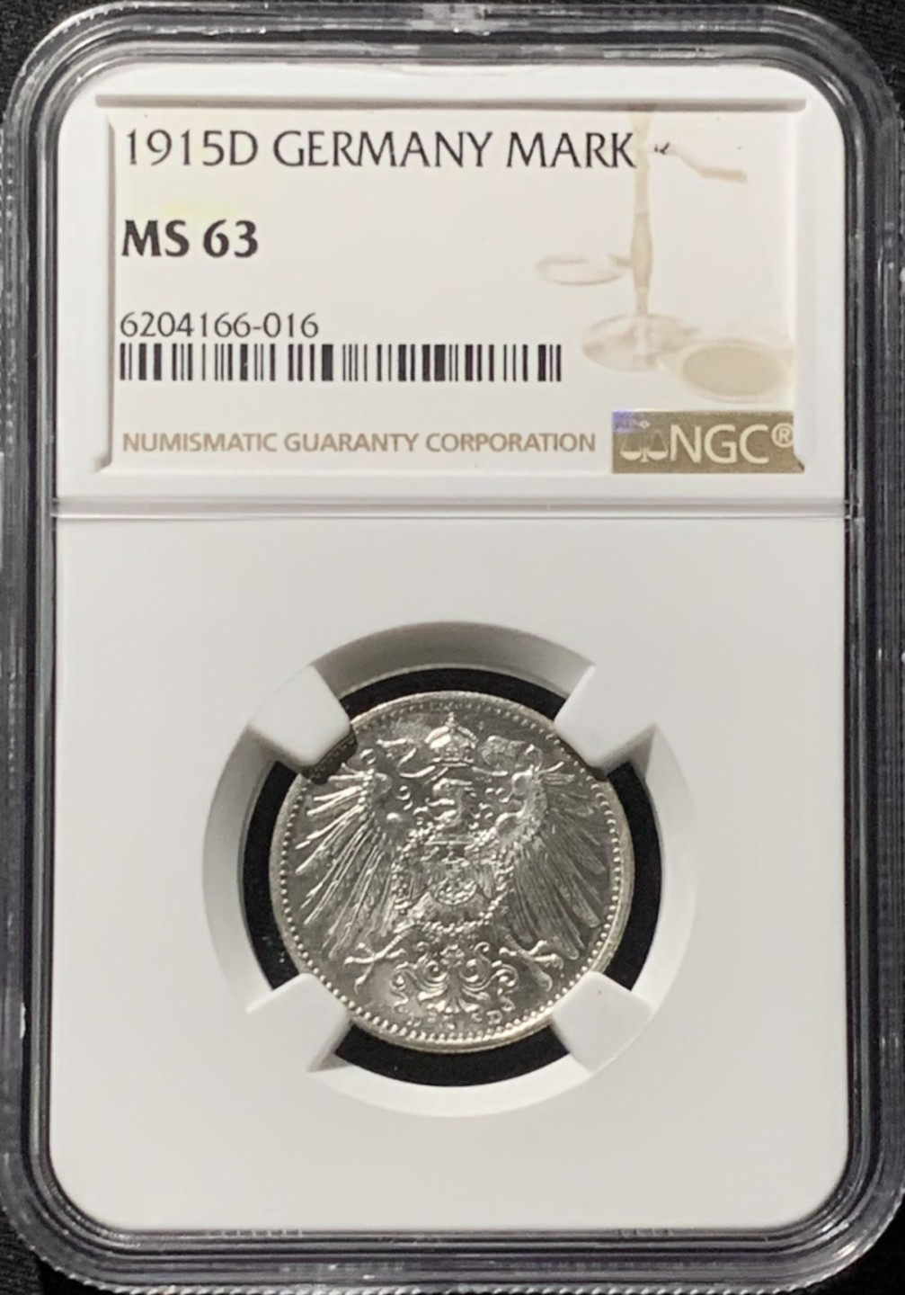 紫瑗钱币——第159期拍卖 德国 1915年 D版 第二帝国 长翅 1马克 银币 NGC MS63