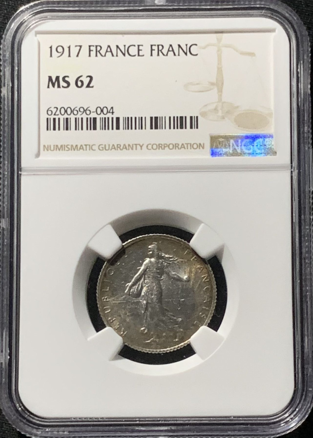 紫瑗钱币——第159期拍卖 法国 1917年 播种女神 1法郎 银币 NGC MS62