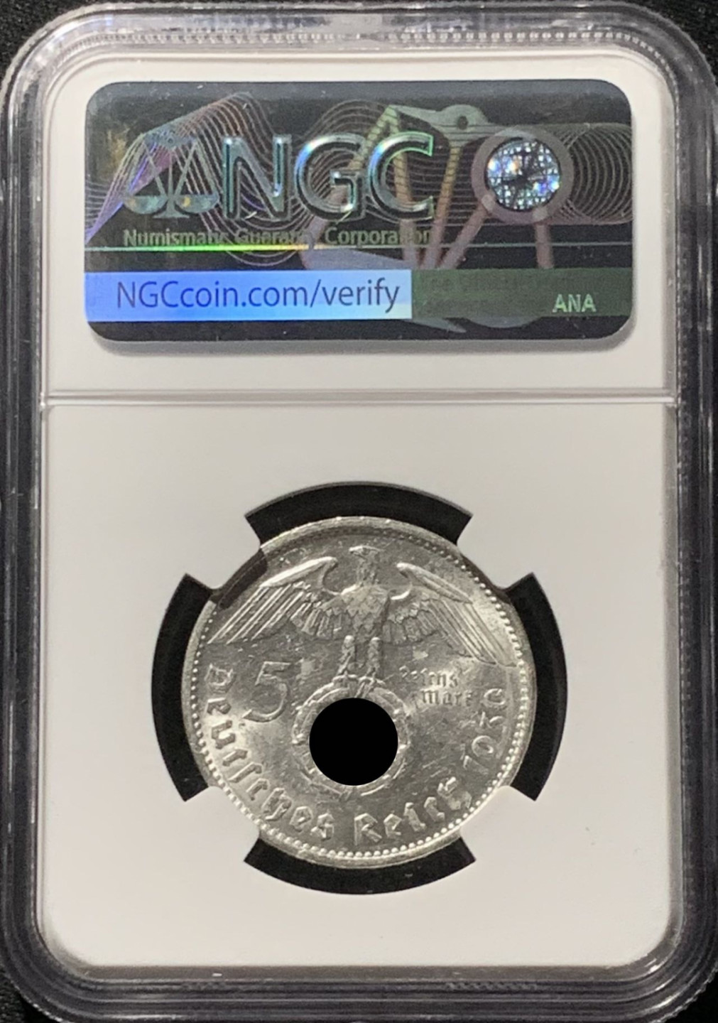 紫瑗钱币——第159期拍卖 德国 1939年 E版 兴登堡 字符版 5马克 银币 NGC MS61