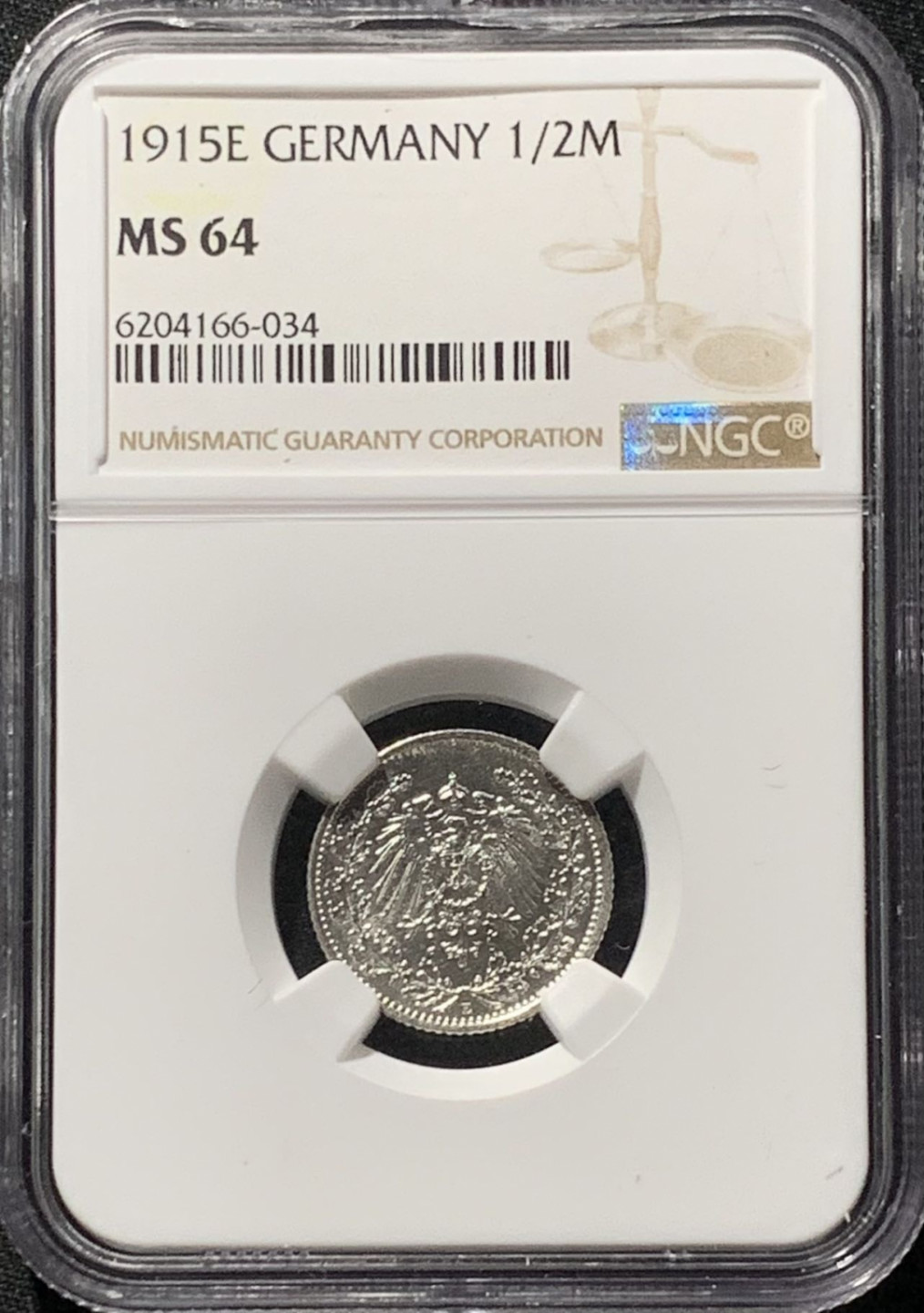 紫瑗钱币——第159期拍卖 德国 1915年 E版 第二帝国 1/2马克 银币 NGC MS64
