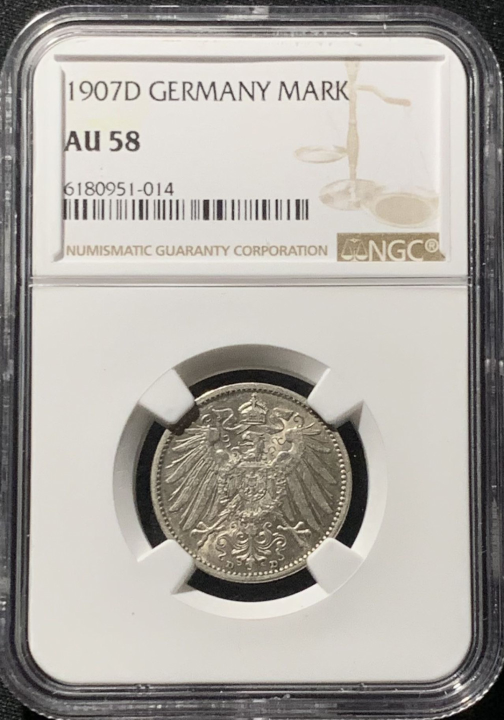 紫瑗钱币——第159期拍卖 德国 1907年 D版 第二帝国 长翅 1马克 银币 NGC AU58