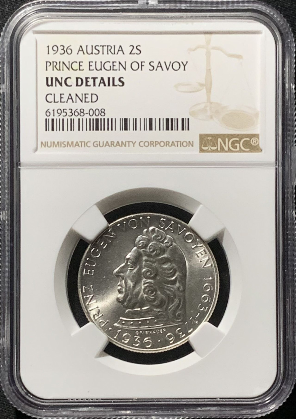 紫瑗钱币——第159期拍卖 奥地利 1936年 萨沃伊王子 2先令 银币 NGC UNC Detail