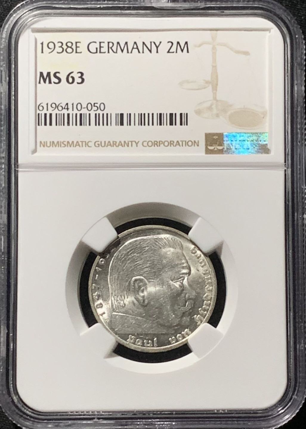 紫瑗钱币——第159期拍卖 德国 1938年 E版 兴登堡 字符版 2马克 银币 NGC MS63