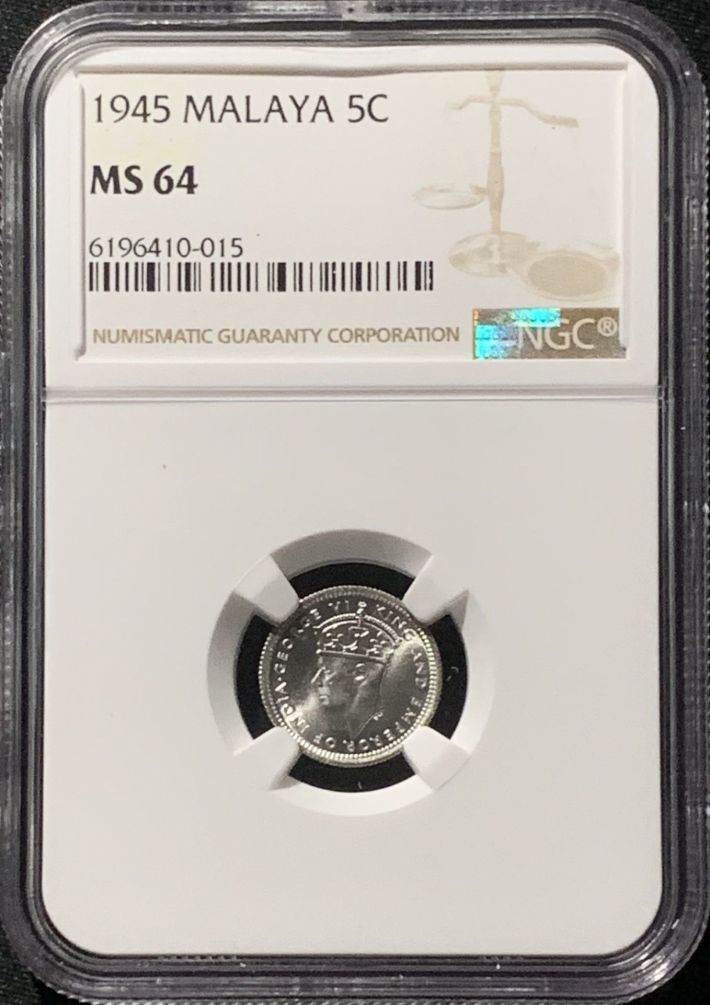紫瑗钱币——第159期拍卖 马来亚 1945年 乔治六世 5分 银币 NGC MS64