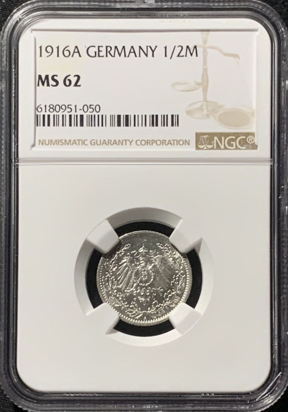 紫瑗钱币——第159期拍卖 德国 1916年 A版 第二帝国 1/2马克 银币 NGC MS62
