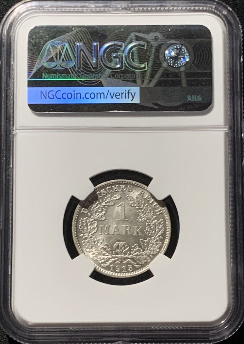 紫瑗钱币——第159期拍卖 德国 1915年 D版 第二帝国 长翅 1马克 银币 NGC MS65