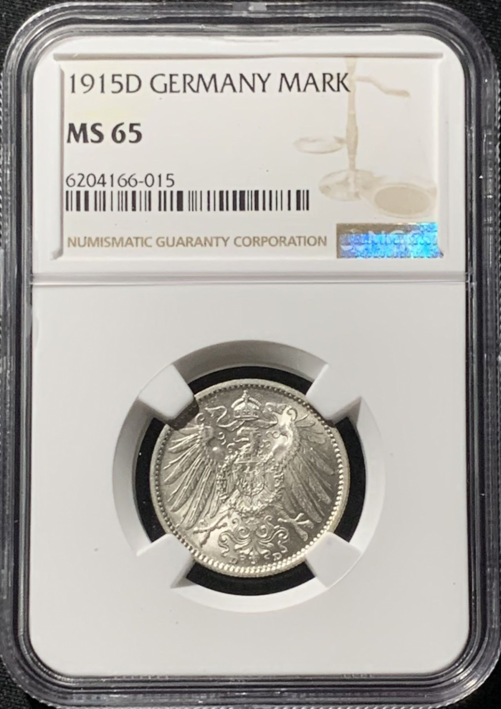 紫瑗钱币——第159期拍卖 德国 1915年 D版 第二帝国 长翅 1马克 银币 NGC MS65