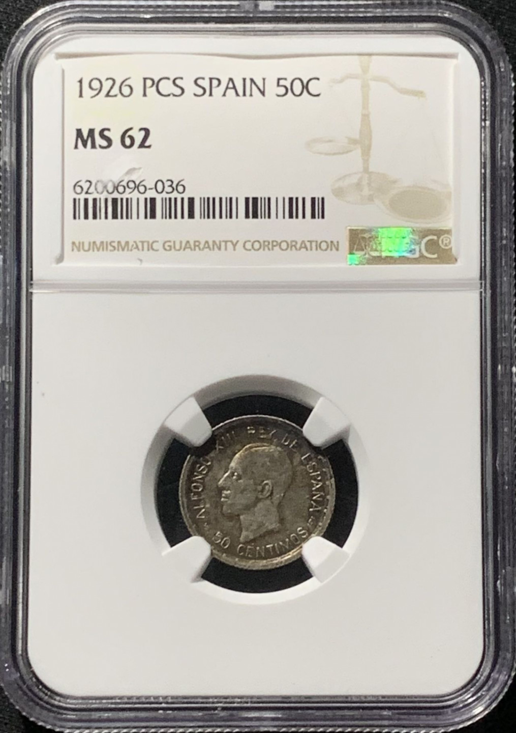 紫瑗钱币——第159期拍卖 西班牙 1926年 阿方索十三世 50分 银币 NGC MS62 环彩包浆