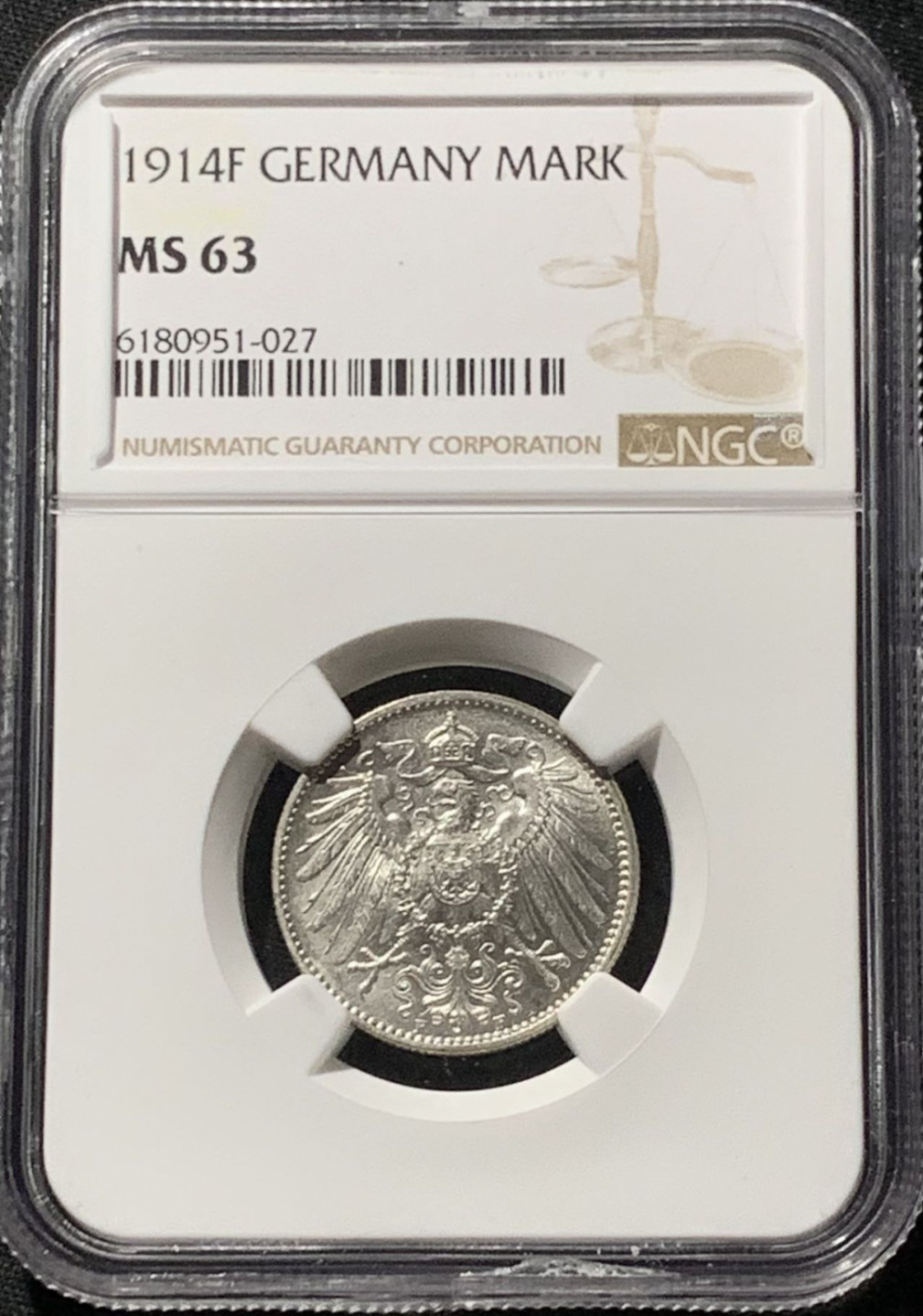 紫瑗钱币——第159期拍卖 德国 1914年 F版 第二帝国 长翅 1马克 银币 NGC MS63