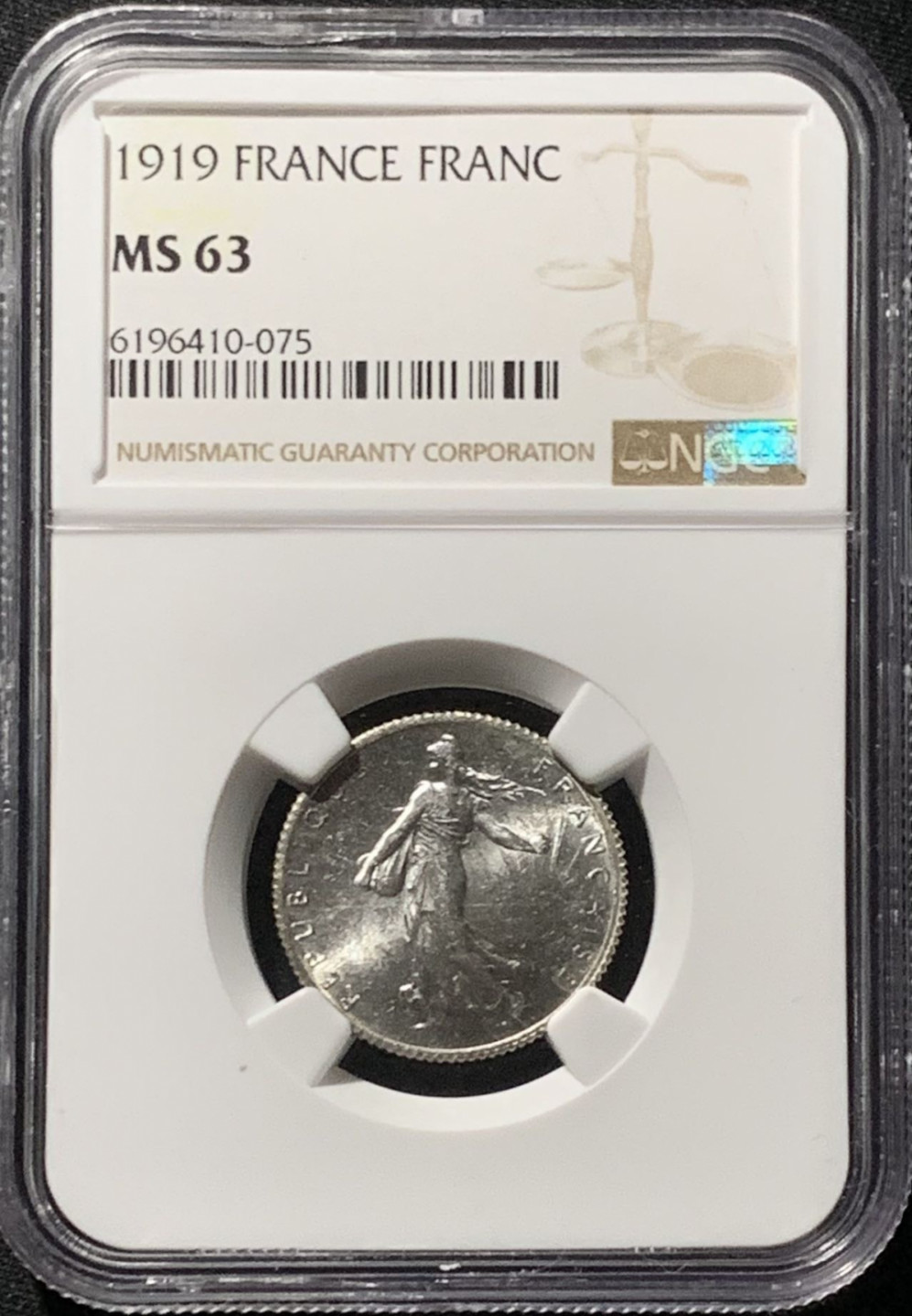 紫瑗钱币——第159期拍卖 法国 1919年 播种女神 1法郎 银币 NGC MS63