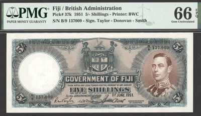 【Blue Auction】世界纸币精拍第148期——英王乔治VI（共78拍） - 斐济 早期 1951年5先令 PMG66EPQ 英王乔治 BWC出品 高分少见 伊丽莎白二世女王父亲