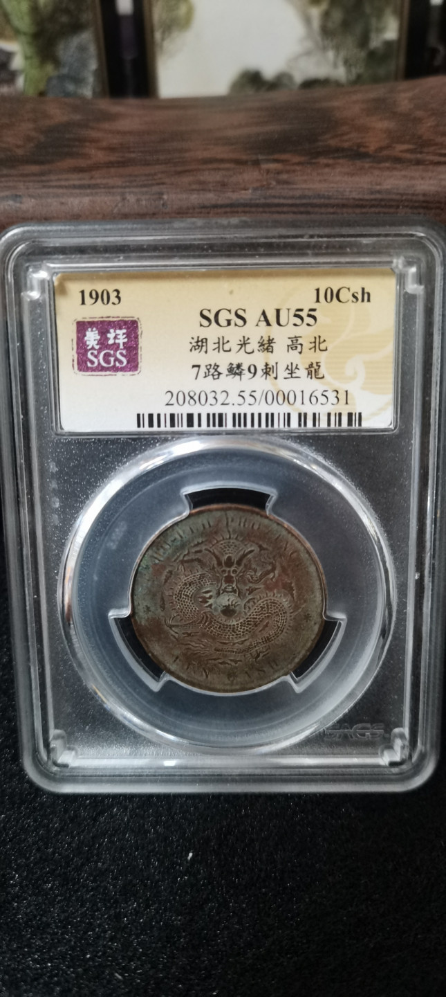 海弟儿收藏 湖北光绪，高北七路鳞九刺坐龙，铜板一枚，SGSAU55分评级币，细节品相如图所示，一物一图中拍按图发货，保真包老假一赔十！