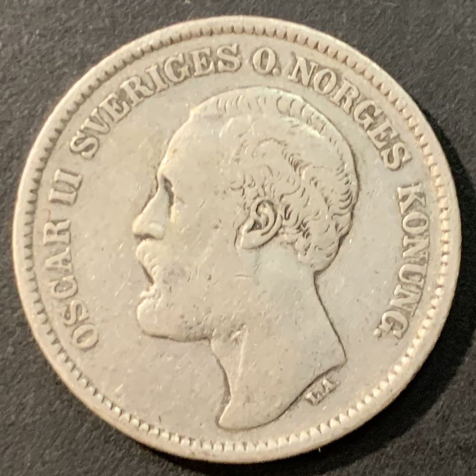 【保诚微拍】第4拍 世界钱币拍卖，88拍！ 瑞典 1877年 奥斯卡二世 2克朗 银币 15克 0.8银 少见年份