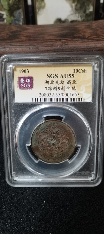 海弟儿收藏 - 湖北光绪，高北七路鳞九刺坐龙，铜板一枚，SGSAU55分评级币，细节品相如图所示，一物一图中拍按图发货，保真包老假一赔十！