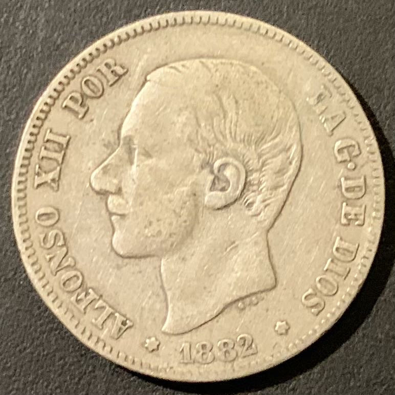【保诚微拍】第4拍 世界钱币拍卖，88拍！  西班牙 1882年 阿方索十二世 2比塞塔 10克 0.835银 