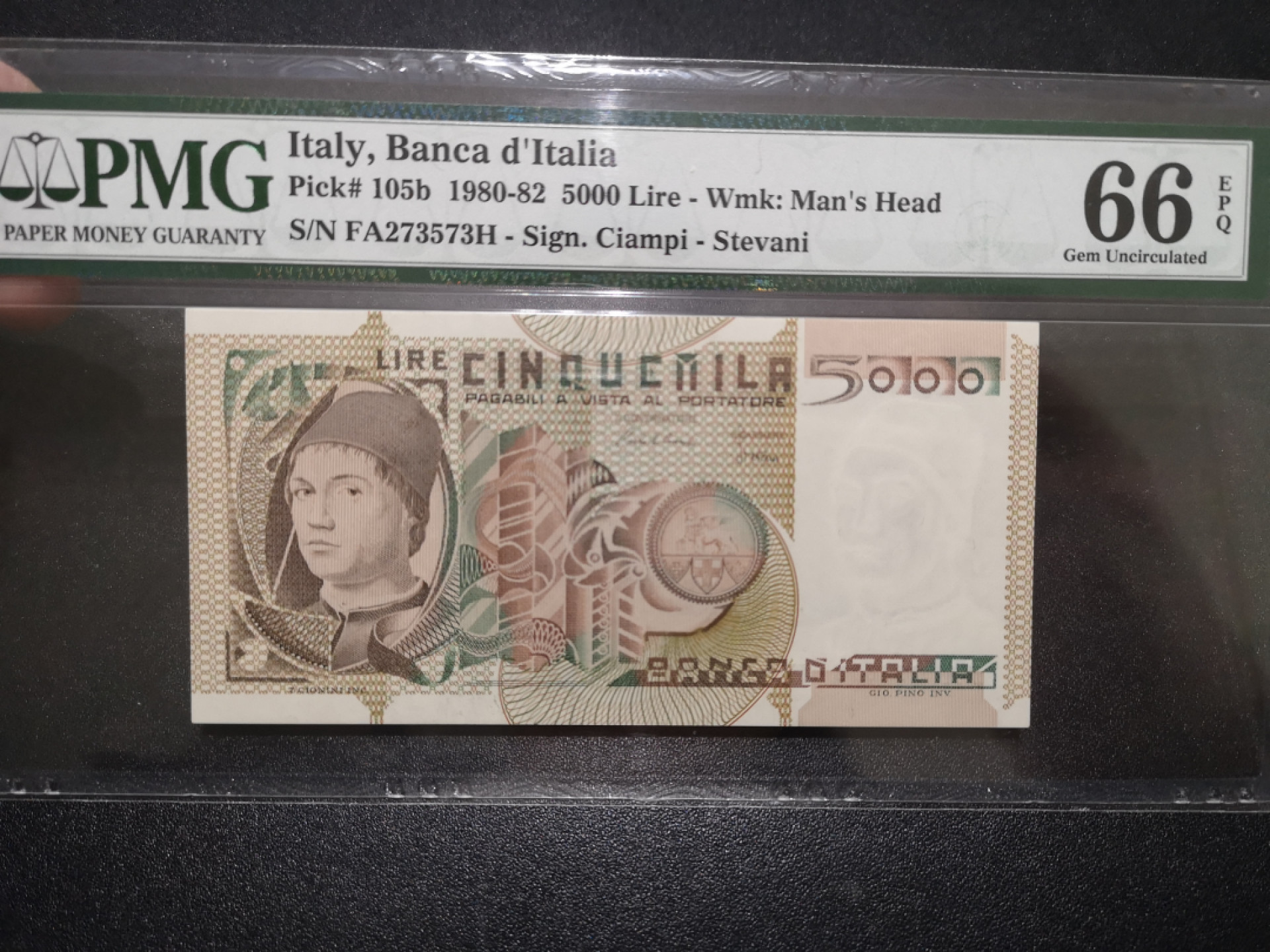 《外钞收藏家》第一百五十七期拍卖（本期62件）（连拍场） 1980-82年意大利5000里拉 PMG66