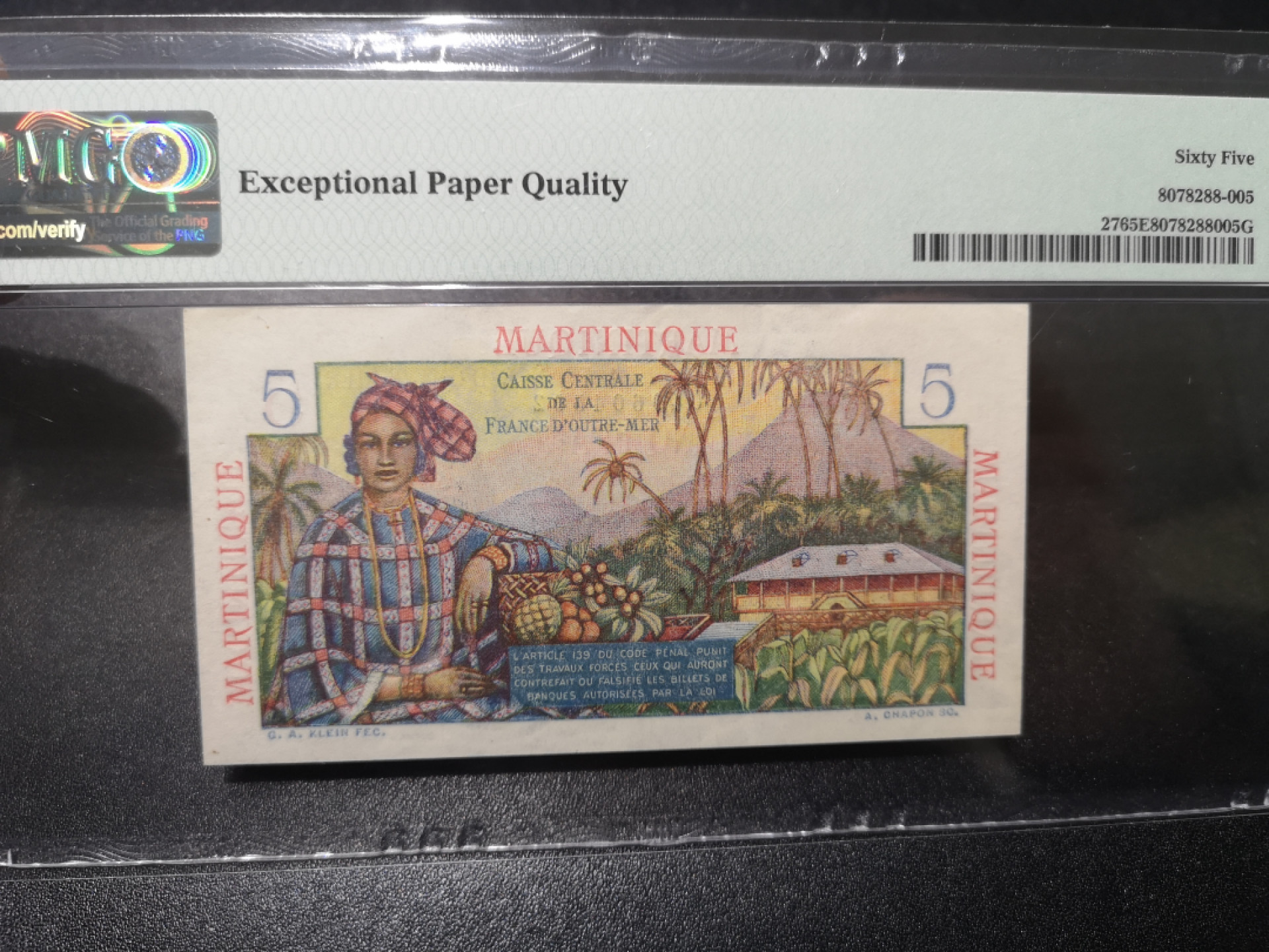 《外钞收藏家》第一百五十七期拍卖（本期62件）（连拍场） 1947-49年法属马提尼克5法郎  PMG65
