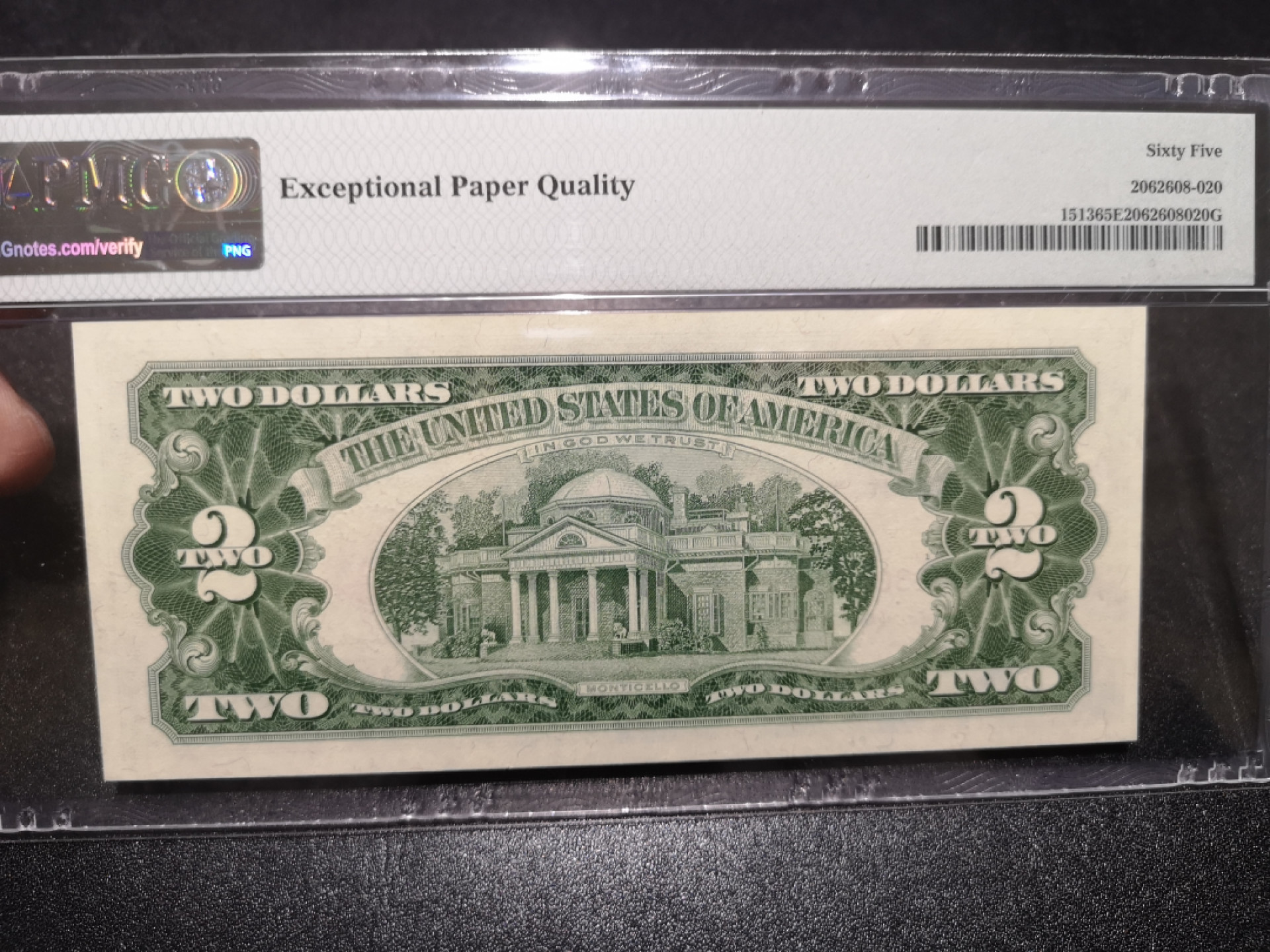 《外钞收藏家》第一百五十七期拍卖（本期62件）（连拍场） 1963年2美元 AA冠 红库印 PMG65