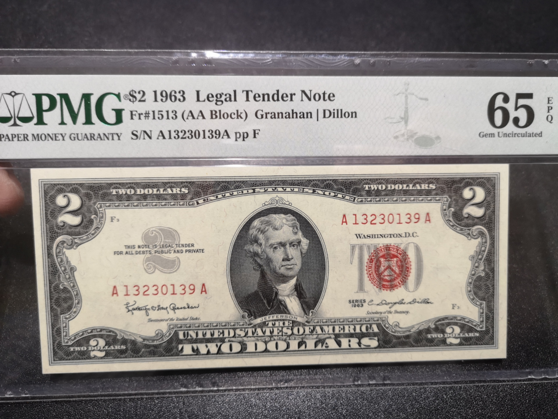 《外钞收藏家》第一百五十七期拍卖（本期62件）（连拍场） 1963年2美元 AA冠 红库印 PMG65 无47