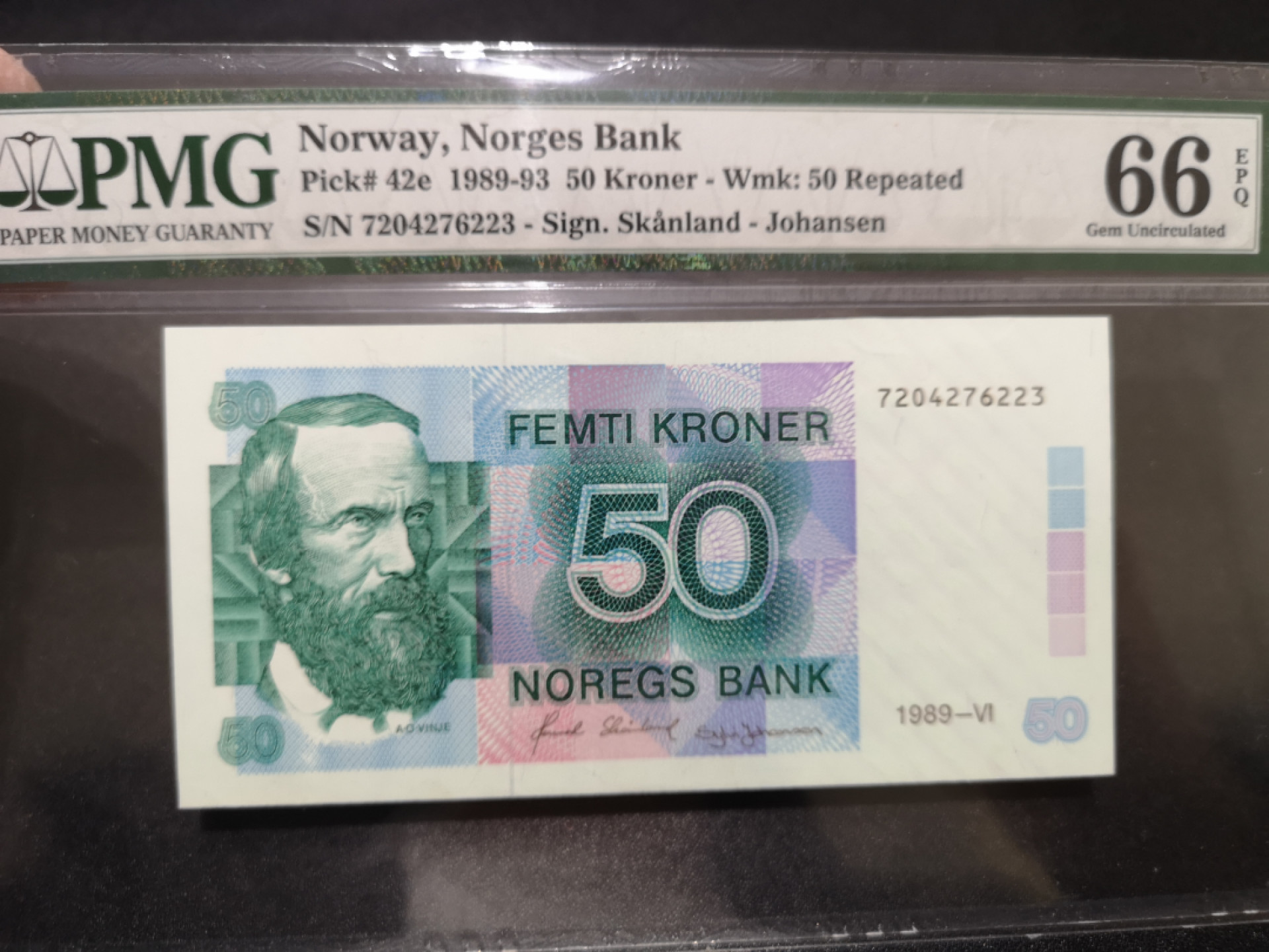 《外钞收藏家》第一百五十七期拍卖（本期62件）（连拍场） 1989年挪威500克朗 PMG66