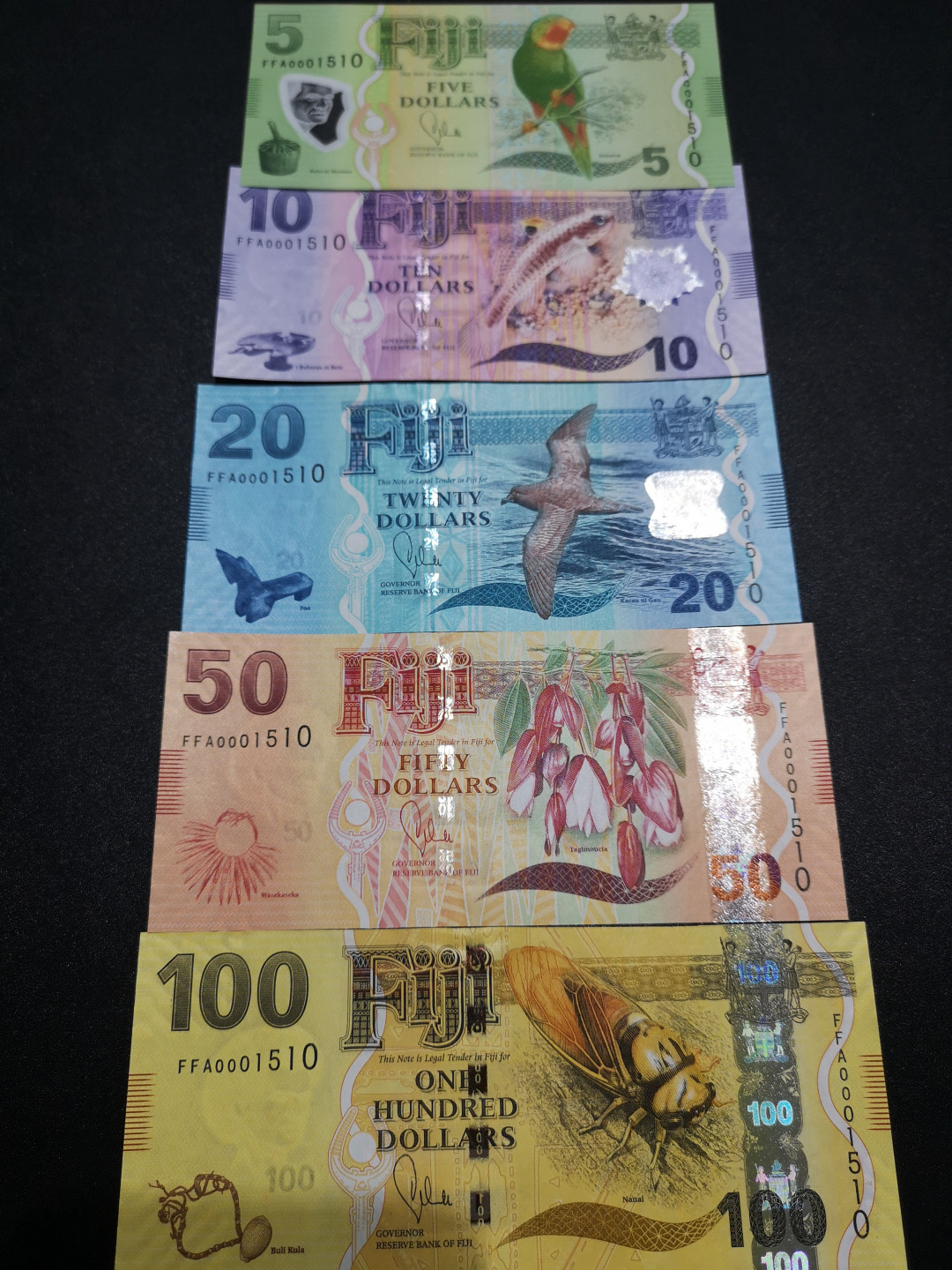 《外钞收藏家》第一百五十七期拍卖（本期62件）（连拍场） 斐济首发全同号一套 1510号 全新UNC 原装册子