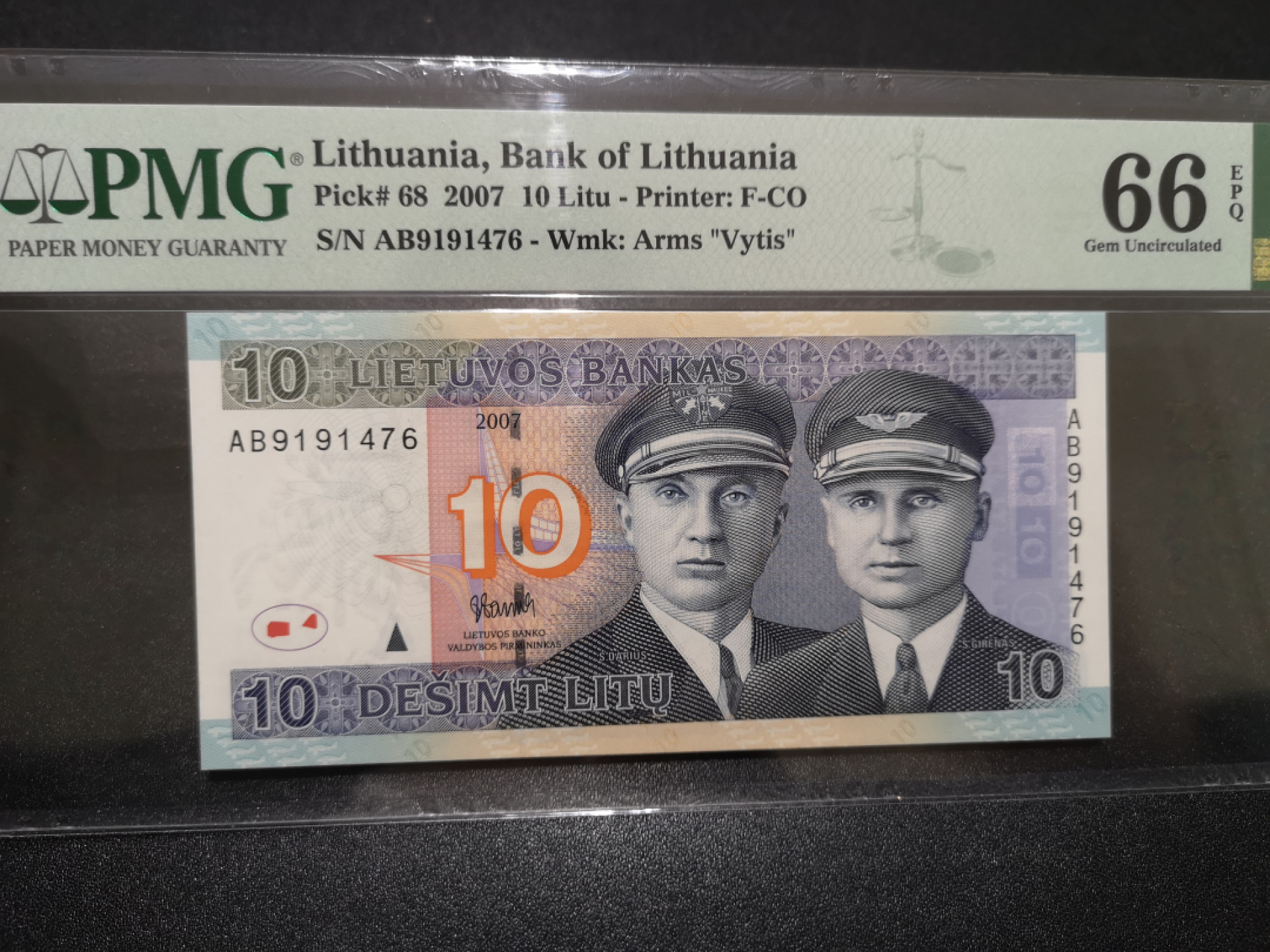 《外钞收藏家》第一百五十七期拍卖（本期62件）（连拍场） 2007年立陶宛 10 PMG66