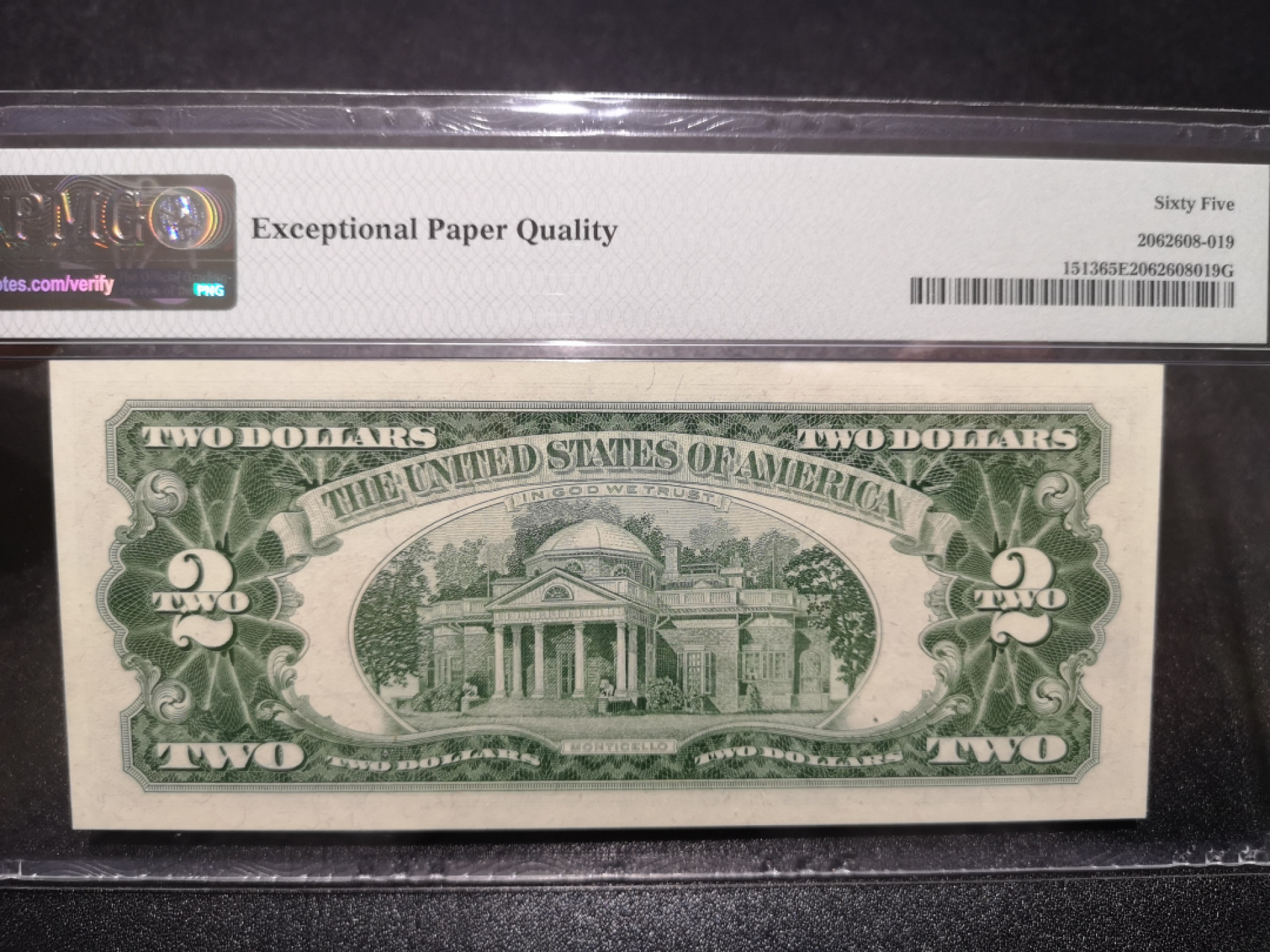 《外钞收藏家》第一百五十七期拍卖（本期62件）（连拍场） 1963年2美元 AA冠 红库印 PMG65 无47