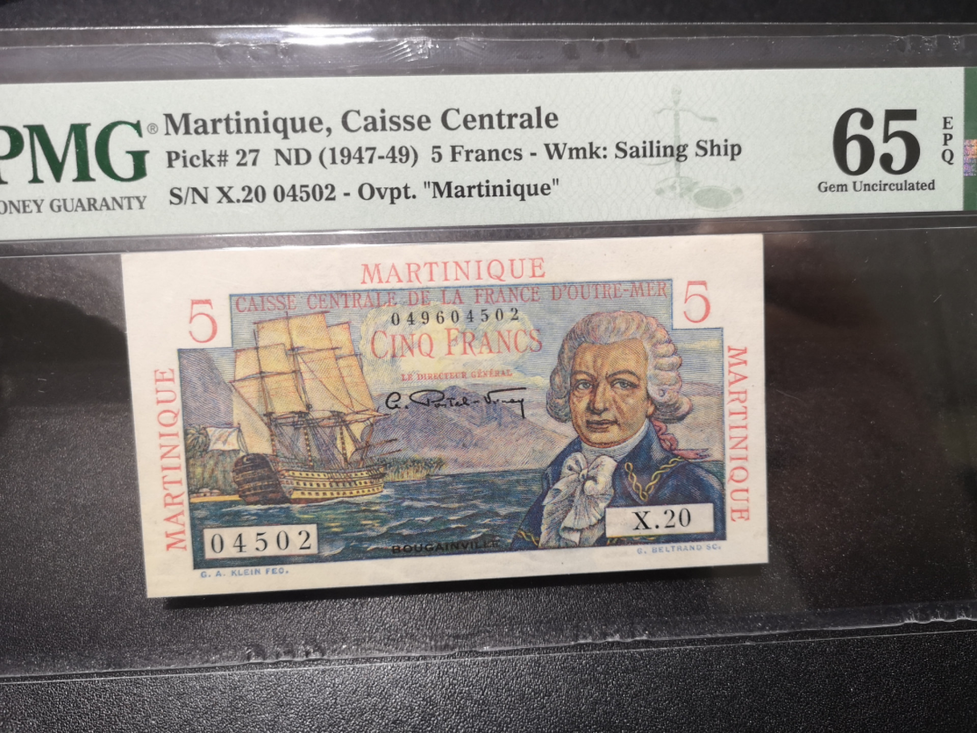 《外钞收藏家》第一百五十七期拍卖（本期62件）（连拍场） 1947-49年法属马提尼克5法郎  PMG65