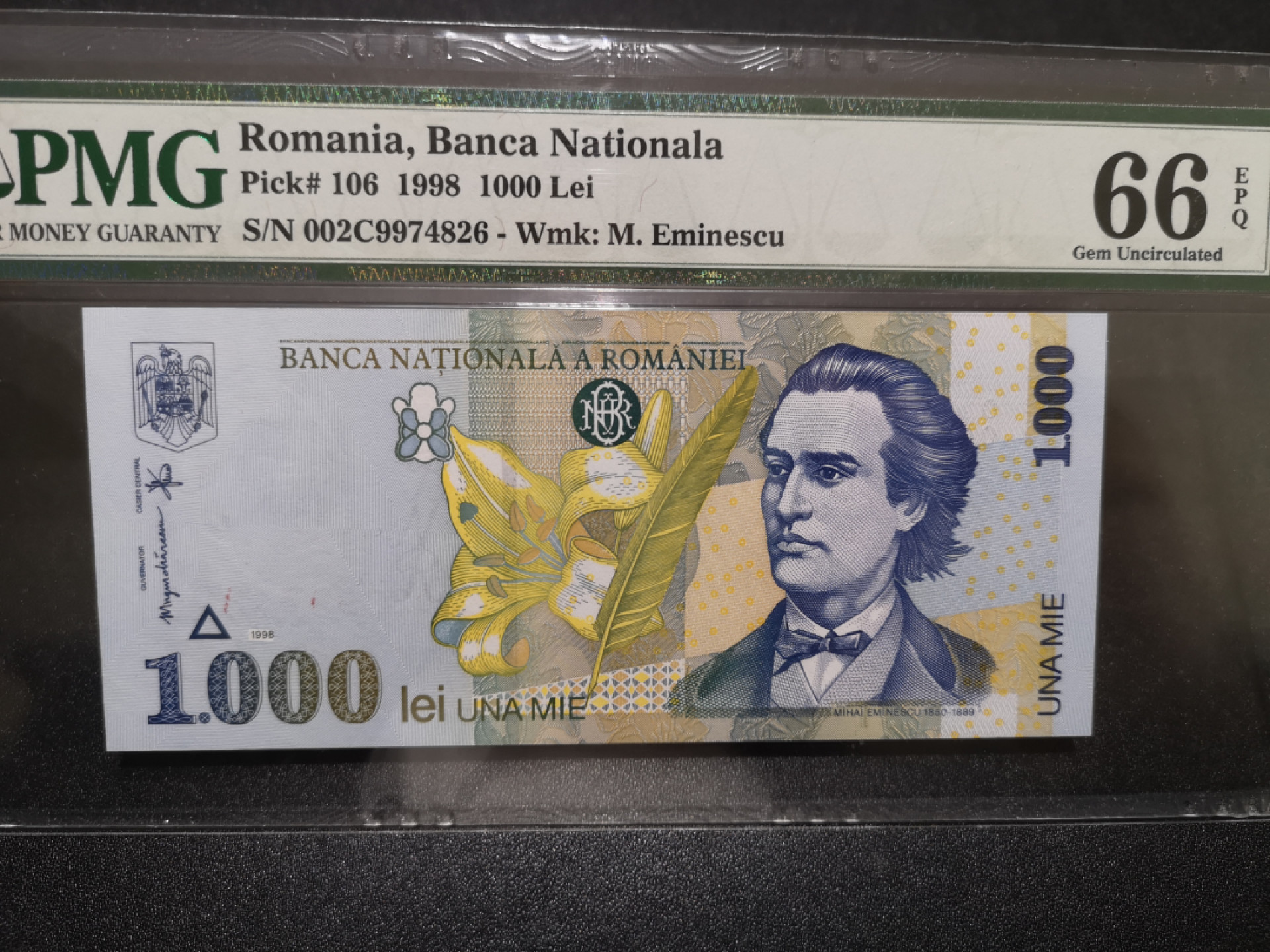 《外钞收藏家》第一百五十七期拍卖（本期62件）（连拍场） 1998年罗马尼亚1000雷 PMG66
