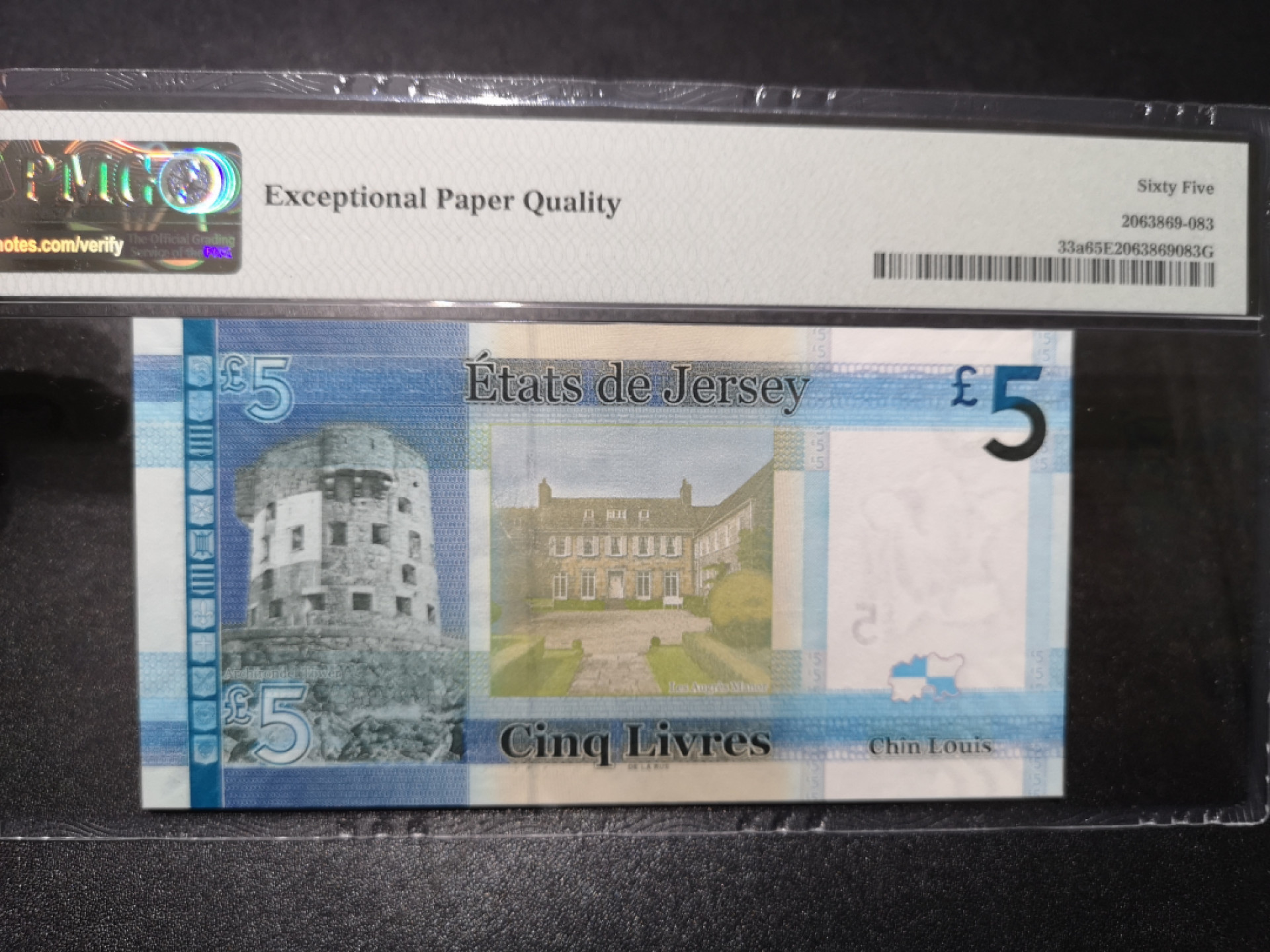 《外钞收藏家》第一百五十七期拍卖（本期62件）（连拍场） 2010年泽西女王5镑871号  PMG65