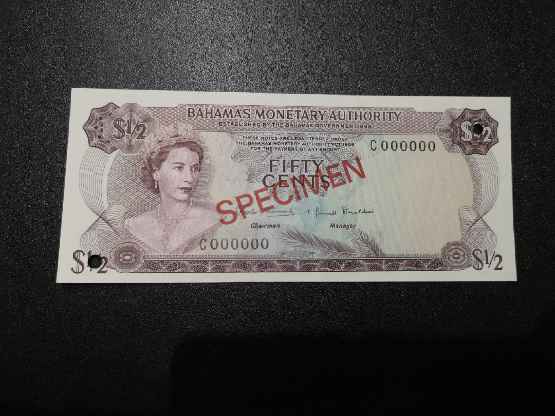 《外钞收藏家》第一百五十七期拍卖（本期62件）（连拍场） 1968年巴哈马1/2刀 全新 样钞