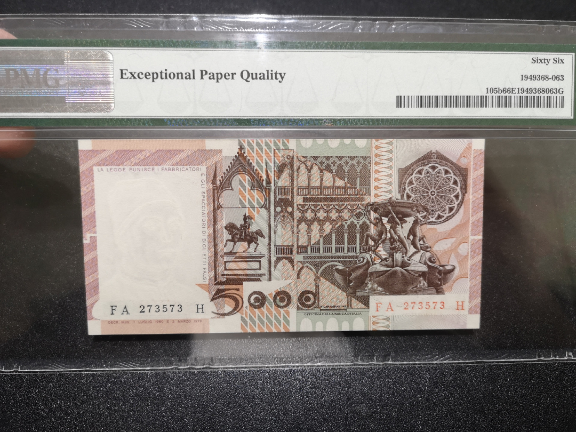 《外钞收藏家》第一百五十七期拍卖（本期62件）（连拍场） 1980-82年意大利5000里拉 PMG66