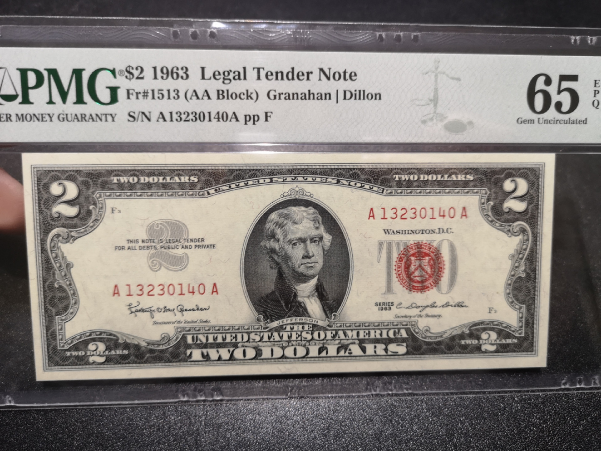 《外钞收藏家》第一百五十七期拍卖（本期62件）（连拍场） 1963年2美元 AA冠 红库印 PMG65