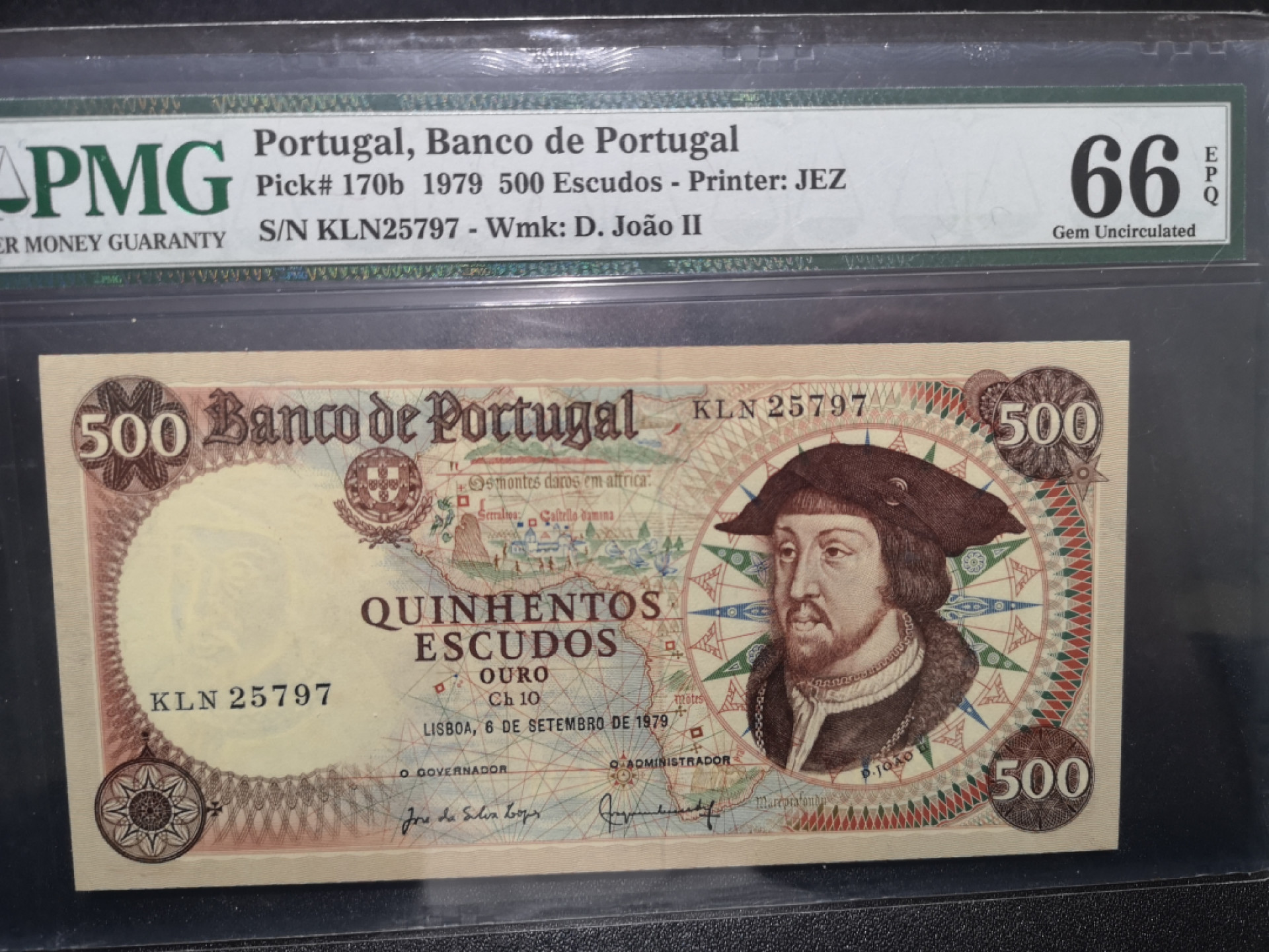 《外钞收藏家》第一百五十七期拍卖（本期62件）（连拍场） 1979年葡萄牙500 PMG66 JEZ作品